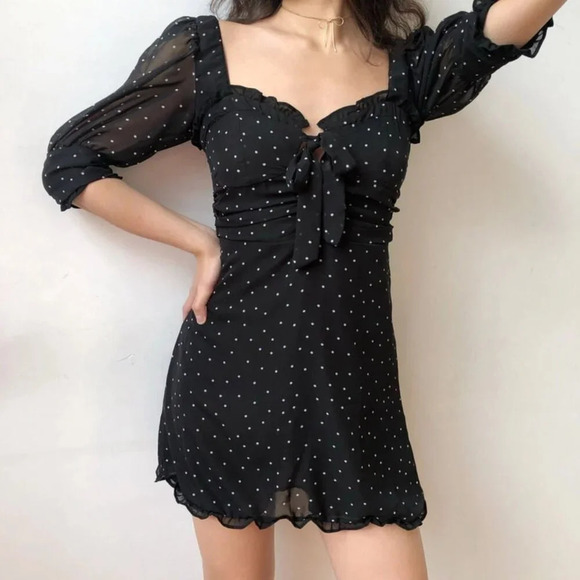 YesStyle Sinora Short-Sleeve Scoop Neck Dotted Mini Smock Dress - Picture 1 of 16